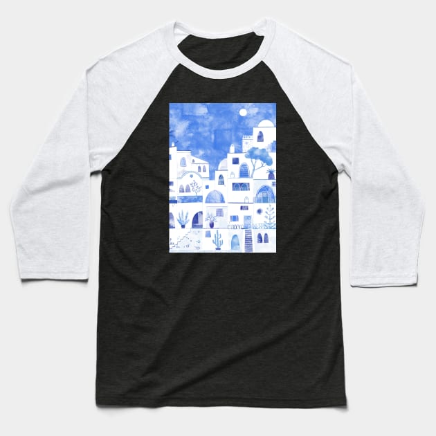 Santorini Oia Greek Island Watercolor Baseball T-Shirt by NicSquirrell